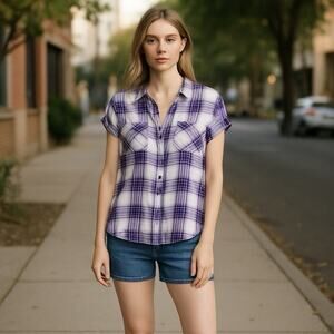 Rails Britt Plaid Button Up Shirt Women XS‎ Cap Short Sleeve Blue White Western